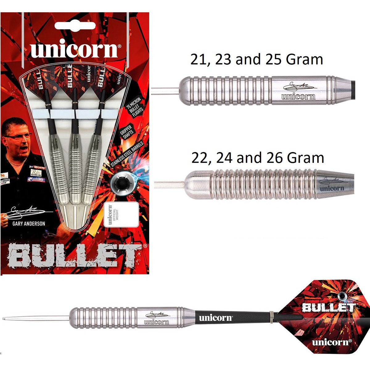 Gary Anderson Bullet Stainless Steel Tip Darts main product image showing the darts, packaging, flights, shafts, and included accessories