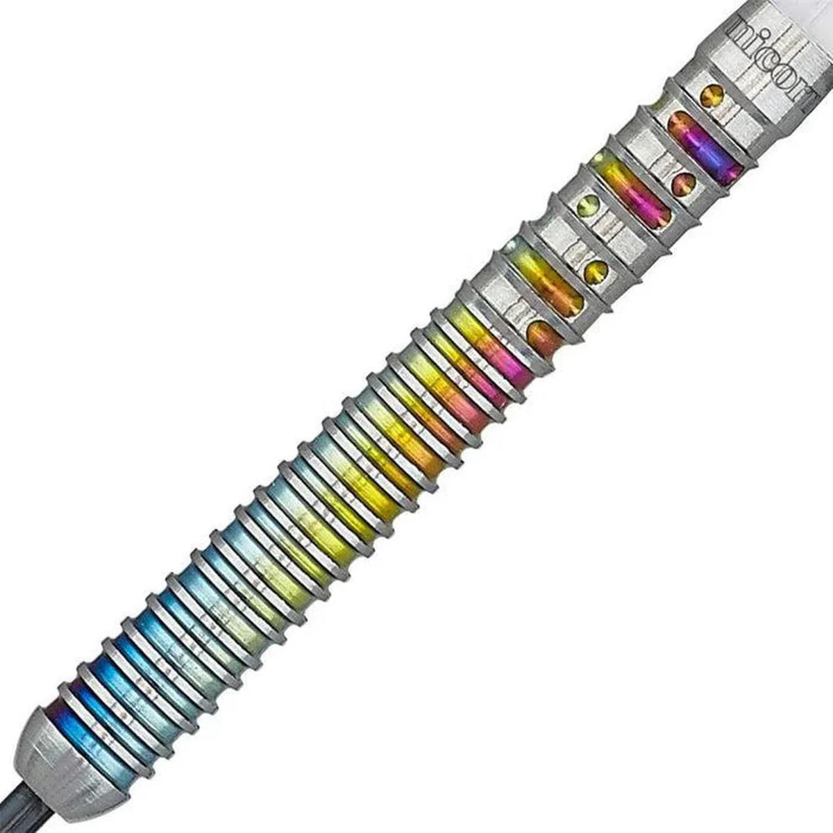 Detailed close-up of the Unicorn Gary Anderson Code dart barrel showcasing multi-colour rings and precision grip.