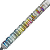 Detailed close-up of the Unicorn Gary Anderson Code dart barrel showcasing multi-colour rings and precision grip.