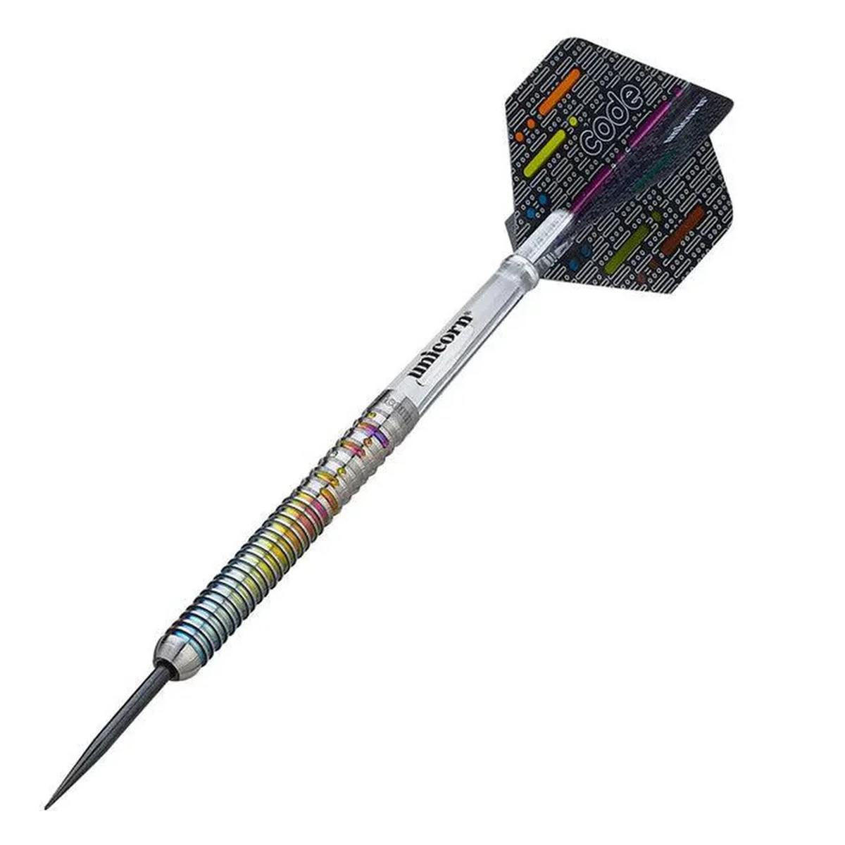 Side profile of a fully assembled Unicorn Gary Anderson Code dart with flight, shaft, and barrel.