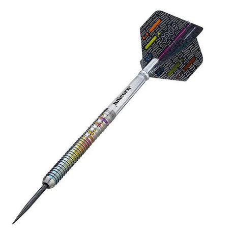 Side profile of a fully assembled Unicorn Gary Anderson Code dart with flight, shaft, and barrel.