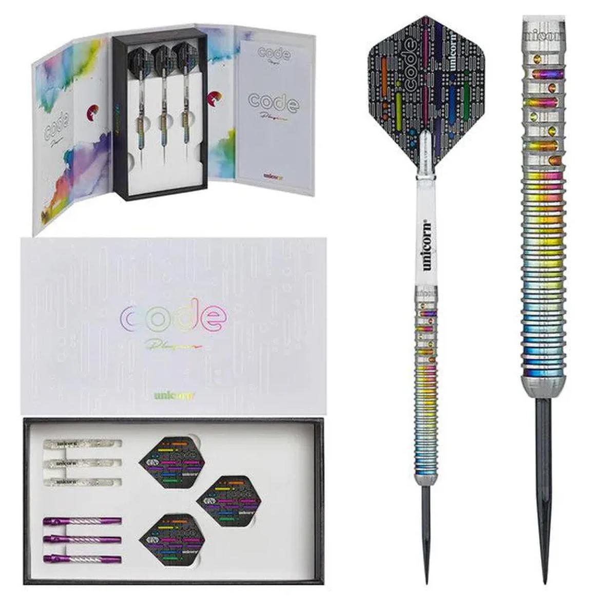 Unicorn Gary Anderson Code darts set with rainbow grip barrels and luxury presentation case.