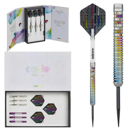 Unicorn Gary Anderson Code darts set with rainbow grip barrels and luxury presentation case.