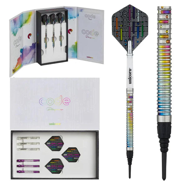 Unicorn Gary Anderson Code soft tip darts set with rainbow barrel design and premium box