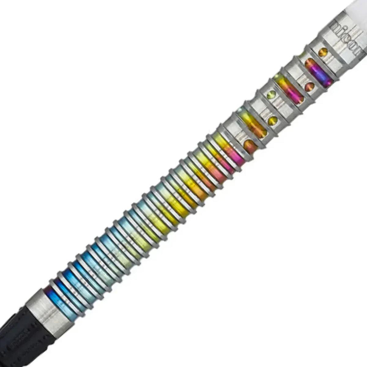 Close-up of Gary Anderson Code soft tip dart barrel with vibrant rainbow ring grip and drilled holes