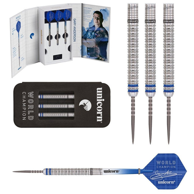 Gary Anderson Deluxe Player Edition Phase 3 World Champion Steel Tip Darts main product image showing the darts, packaging, flights, shafts, and included accessories