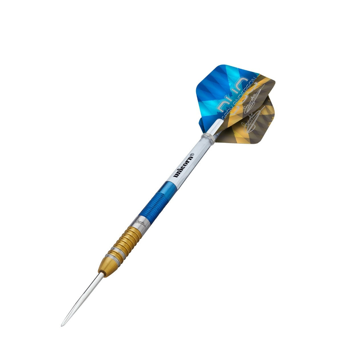 Gary Anderson Duo Steel Tip Darts angled product image displaying the barrel profile, grip layout, and design features