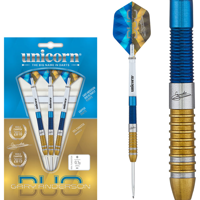 Gary Anderson Duo Steel Tip Darts main product image showing the darts, packaging, flights, shafts, and included accessories