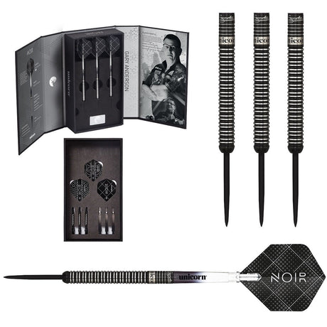 Gary Anderson Noir Deluxe Player Edition Phase 3 World Champion Steel Tip Darts main product image showing the darts, packaging, flights, shafts, and included accessories