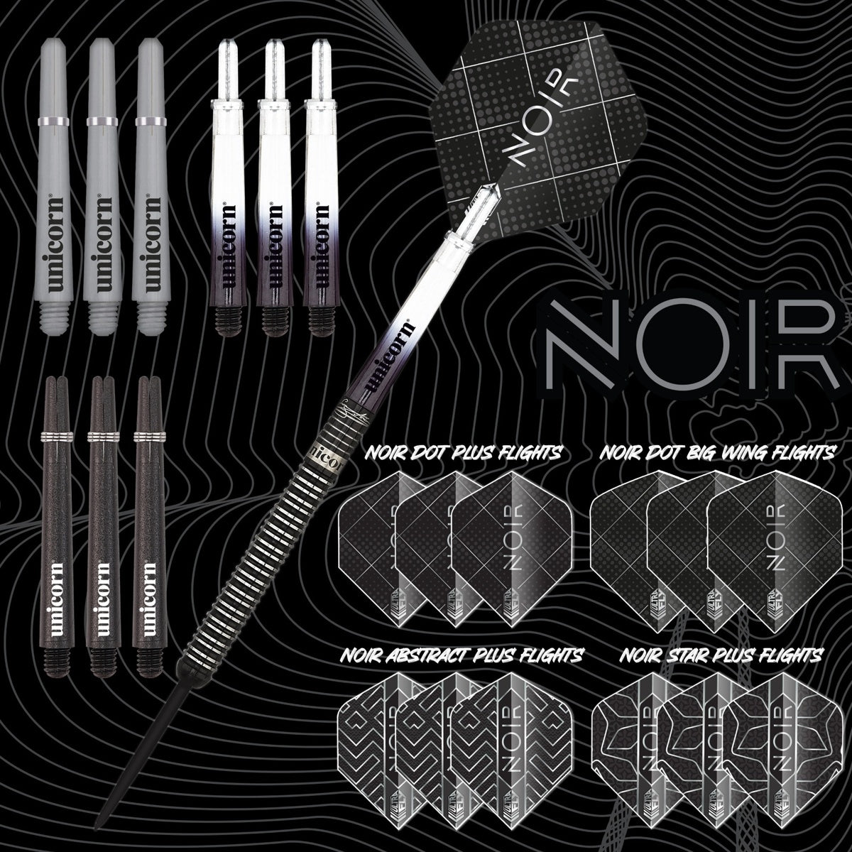Gary Anderson Noir Deluxe Player Edition Phase 3 World Champion Steel Tip Darts branded contents image displaying the darts and included accessories alongside Unicorn branding