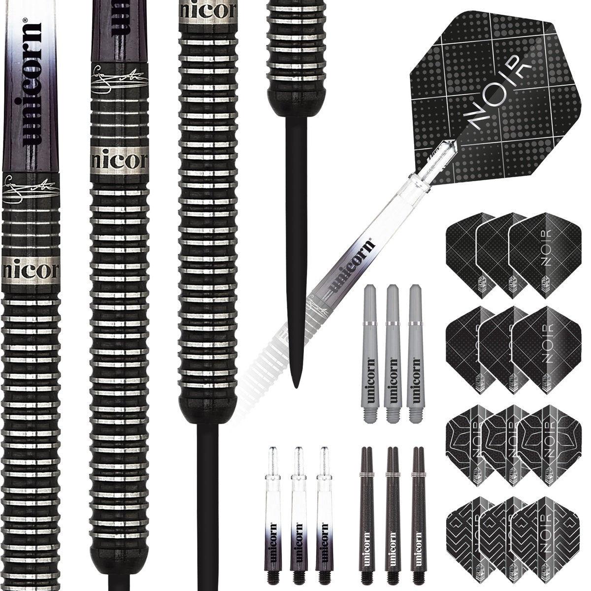 Gary Anderson Noir Deluxe Player Edition Phase 3 World Champion Steel Tip Darts contents image displaying everything included inside the package