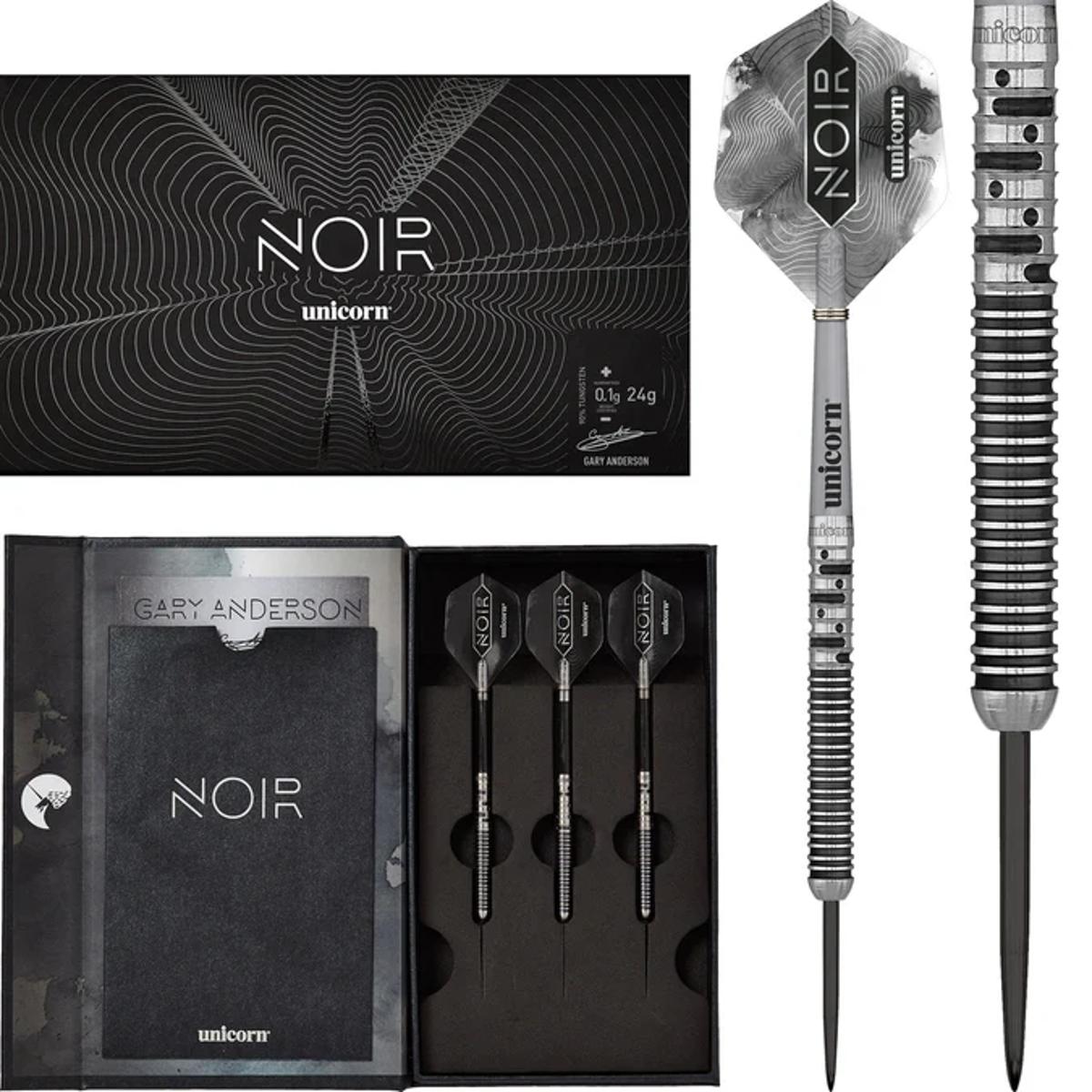 Gary Anderson Noir Phase 5 World Champion Steel Tip Darts main product image showing the darts, packaging, flights, shafts, and included accessories