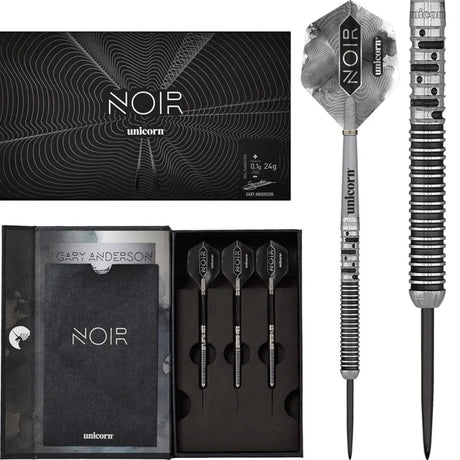 Gary Anderson Noir Phase 5 World Champion Steel Tip Darts main product image showing the darts, packaging, flights, shafts, and included accessories