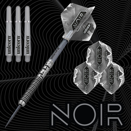 Gary Anderson Noir Phase 5 World Champion Steel Tip Darts branded contents image displaying the darts and included accessories alongside Unicorn branding