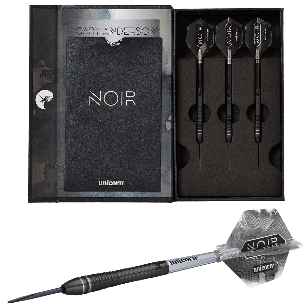 Gary Anderson Noir Phase 6 Steel Tip Darts main product image showing the darts, packaging, flights, shafts, and included accessories