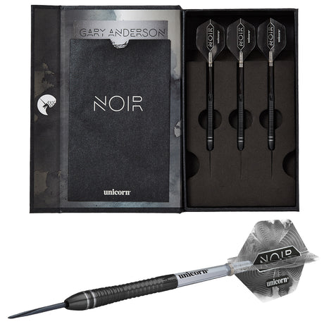 Gary Anderson Noir Phase 6 Steel Tip Darts main product image showing the darts, packaging, flights, shafts, and included accessories