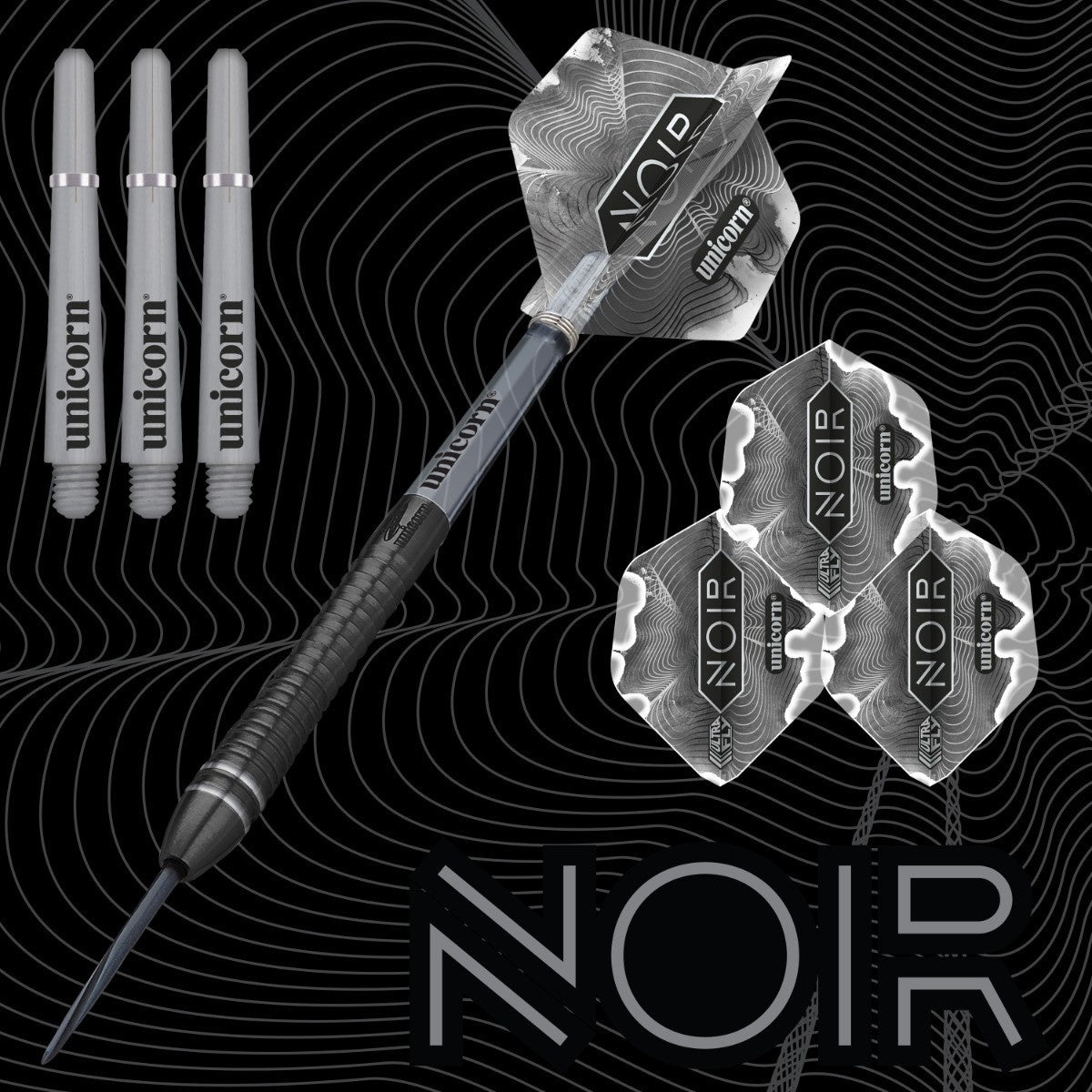 Gary Anderson Noir Phase 6 Steel Tip Darts branded contents image displaying the darts and included accessories alongside Unicorn branding