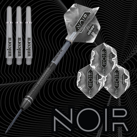 Gary Anderson Noir Phase 6 Steel Tip Darts branded contents image displaying the darts and included accessories alongside Unicorn branding