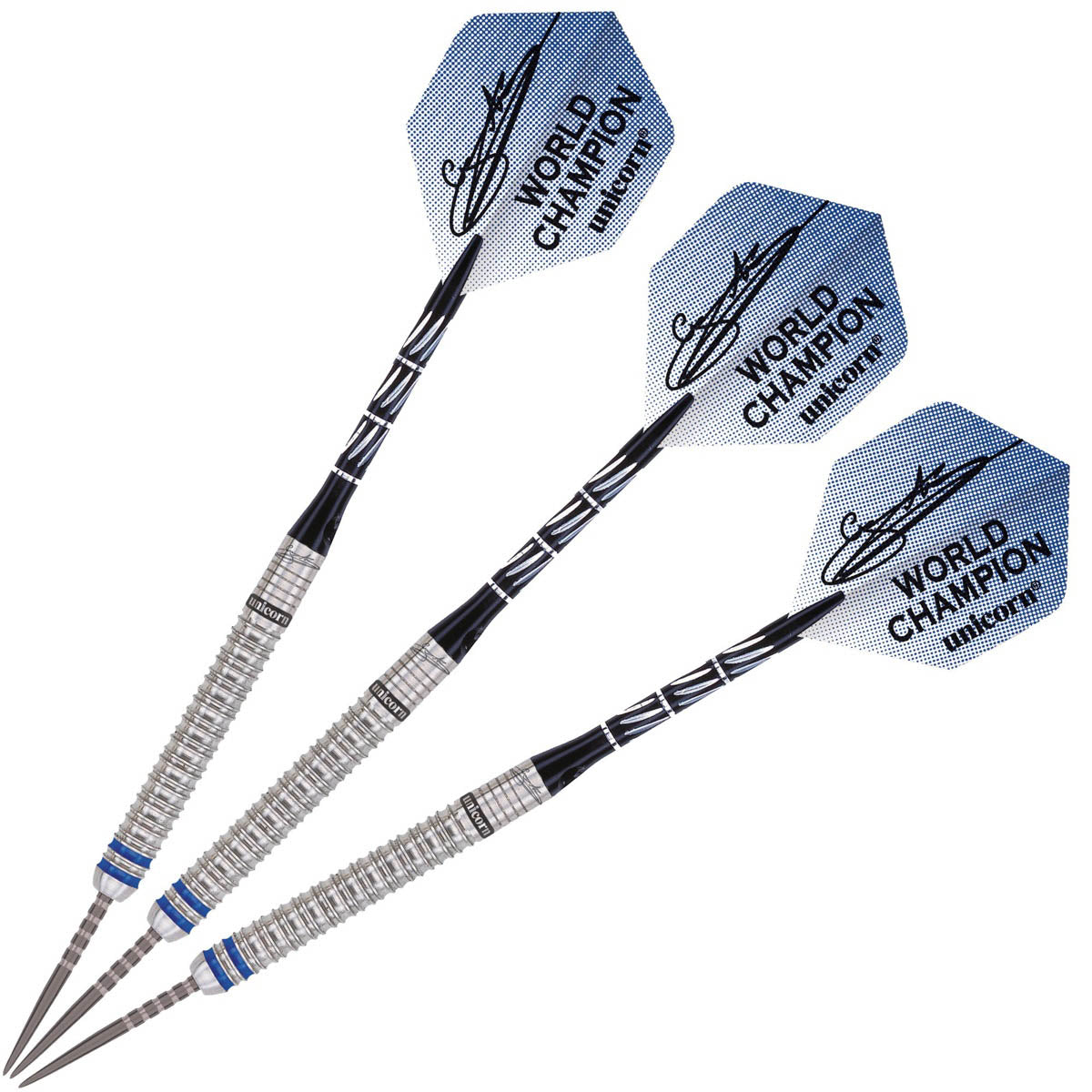 Gary Anderson Phase 3 World Champion Steel Tip Darts image showing the complete three dart set together highlighting barrel design consistency and styling