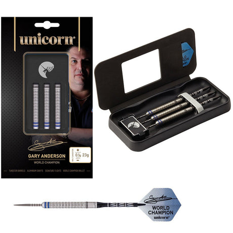 Gary Anderson Phase 3 World Champion Steel Tip Darts main product image showing the darts, packaging, flights, shafts, and included accessories