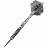Side view of assembled Gary Anderson Noir dart showcasing stylish silver and black barrel