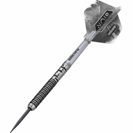 Side view of assembled Gary Anderson Noir dart showcasing stylish silver and black barrel