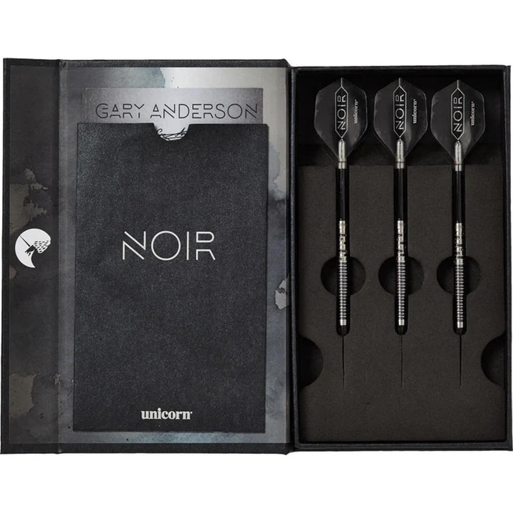 Gary Anderson Noir soft tip darts in Unicorn collector box with Noir booklet