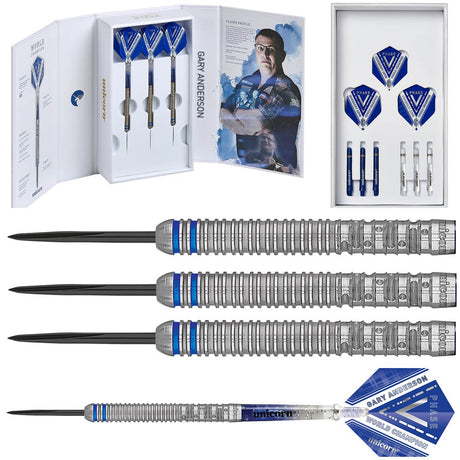 Gary Anderson Phase 5 World Champion Steel Tip Darts main product image showing the darts, packaging, flights, shafts, and included accessories