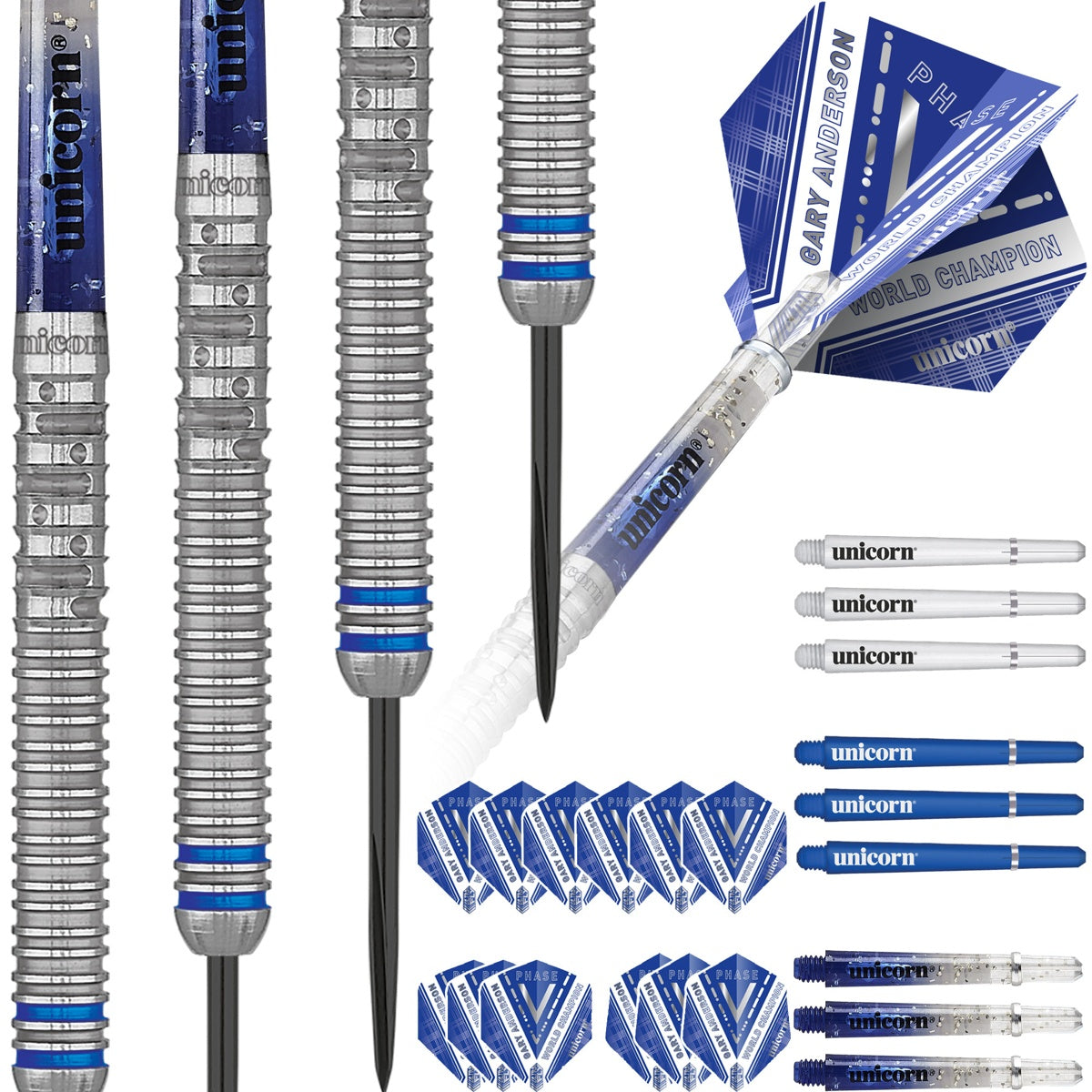Gary Anderson Phase 5 World Champion Steel Tip Darts contents image displaying everything included inside the package
