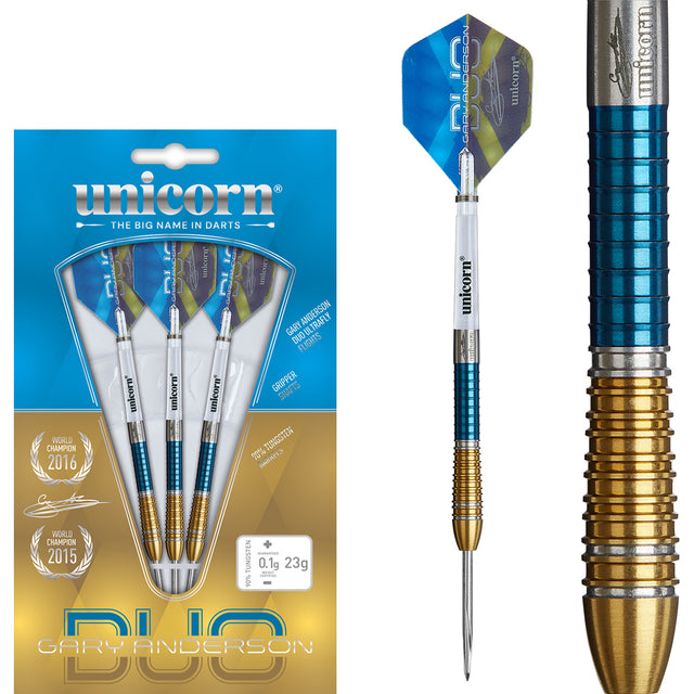 Gary Anderson Phase 6 Duo Steel Tip Darts main product image showing the darts, packaging, flights, shafts, and included accessories