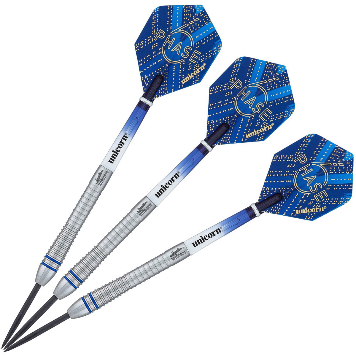 Gary Anderson Phase 6 World Champion Steel Tip Darts image showing the complete three dart set together highlighting barrel design consistency and styling