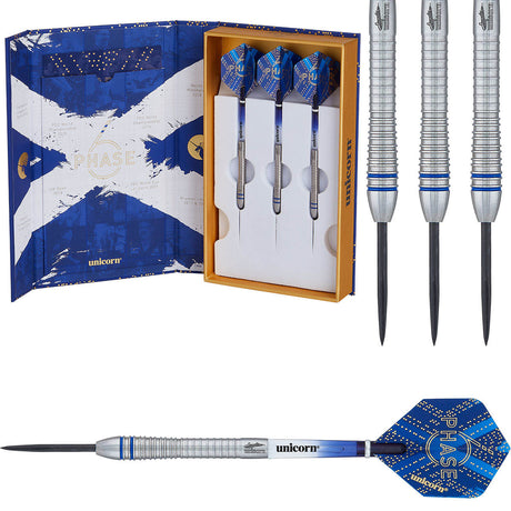 Gary Anderson Phase 6 World Champion Steel Tip Darts main product image showing the darts, packaging, flights, shafts, and included accessories