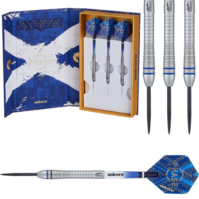 Gary Anderson Phase 6 World Champion Steel Tip Darts main product image showing the darts, packaging, flights, shafts, and included accessories