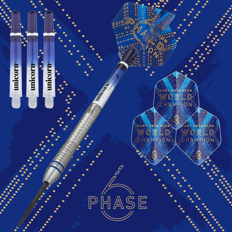 Gary Anderson Phase 6 World Champion Steel Tip Darts branded contents image displaying the darts and included accessories alongside Unicorn branding