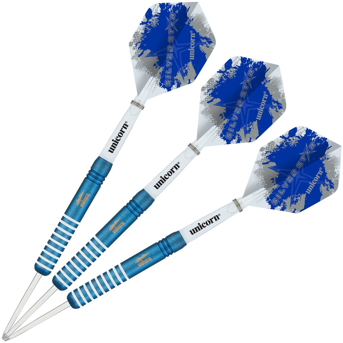 Gary Anderson Silver Star Blue Steel Tip Darts image showing the complete three dart set together highlighting barrel design consistency and styling