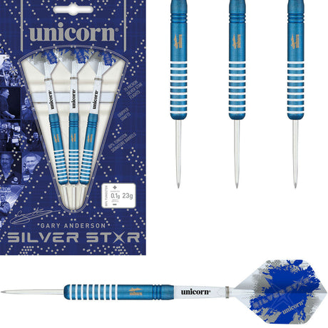 Gary Anderson Silver Star Blue Steel Tip Darts main product image showing the darts, packaging, flights, shafts, and included accessories