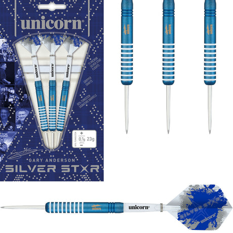 Gary Anderson Silver Star Blue Steel Tip Darts main product image showing the darts, packaging, flights, shafts, and included accessories