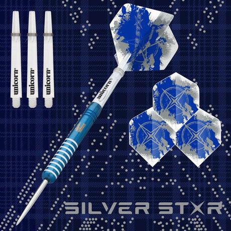 Gary Anderson Silver Star Blue Steel Tip Darts branded contents image displaying the darts and included accessories alongside Unicorn branding