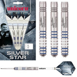 Gary Anderson Silver Star Style 1 Steel Tip Darts main product image showing the darts, packaging, flights, shafts, and included accessories