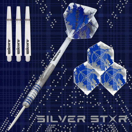 Gary Anderson Silver Star Style 1 Steel Tip Darts branded contents image displaying the darts and included accessories alongside Unicorn branding