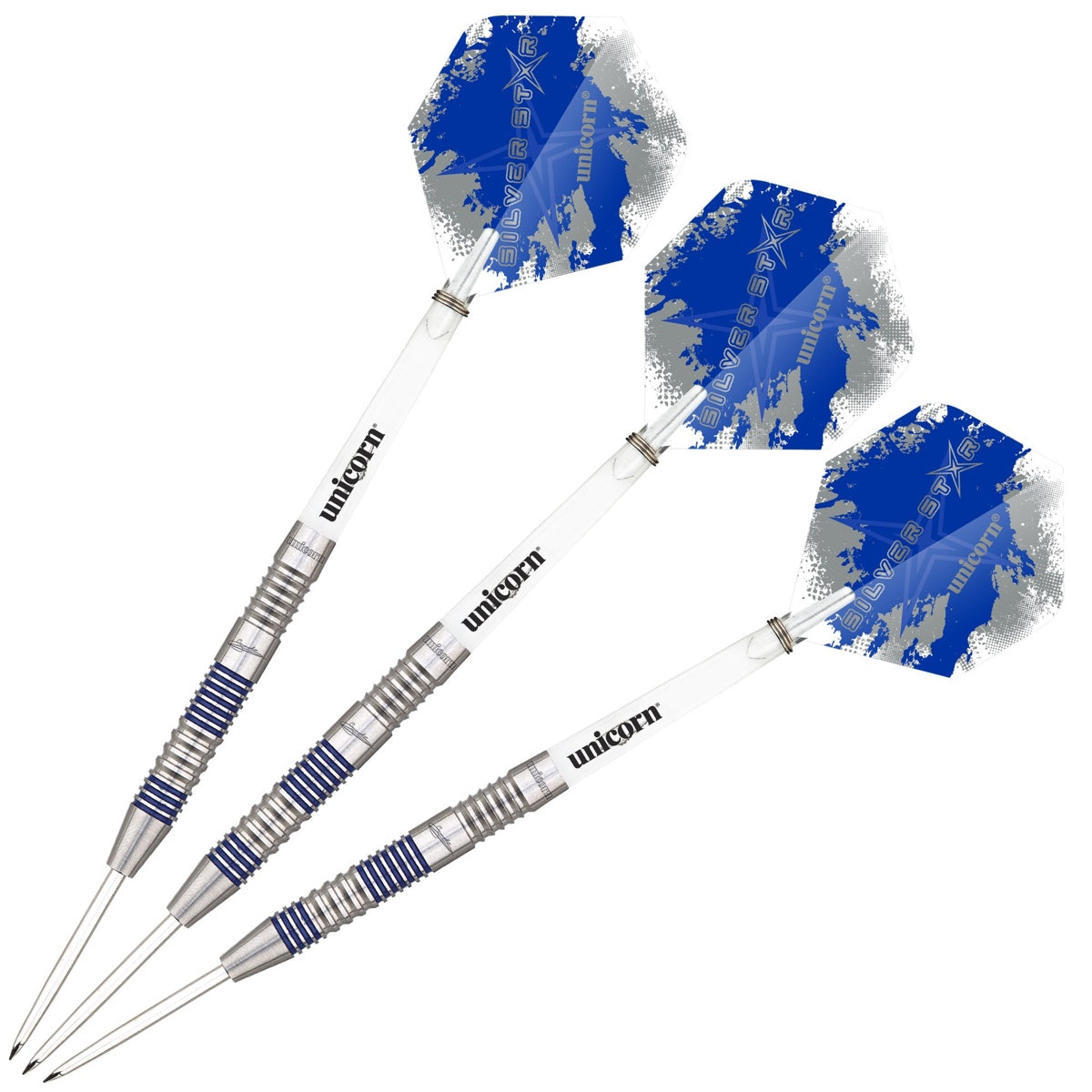 Gary Anderson Silver Star Style 2 Steel Tip Darts image showing the complete three dart set together highlighting barrel design consistency and styling