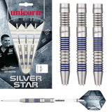 Gary Anderson Silver Star Style 2 Steel Tip Darts main product image showing the darts, packaging, flights, shafts, and included accessories
