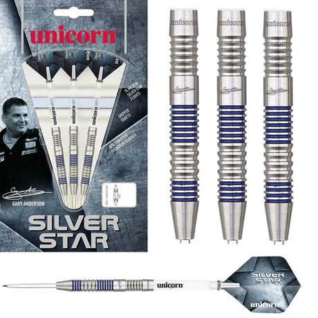 Gary Anderson Silver Star Style 2 Steel Tip Darts main product image showing the darts, packaging, flights, shafts, and included accessories
