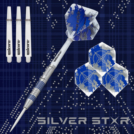 Gary Anderson Silver Star Style 2 Steel Tip Darts branded contents image displaying the darts and included accessories alongside Unicorn branding