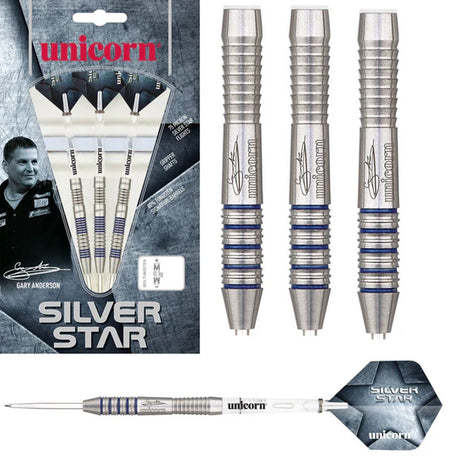 Gary Anderson Silver Star Style 3 Steel Tip Darts main product image showing the darts, packaging, flights, shafts, and included accessories