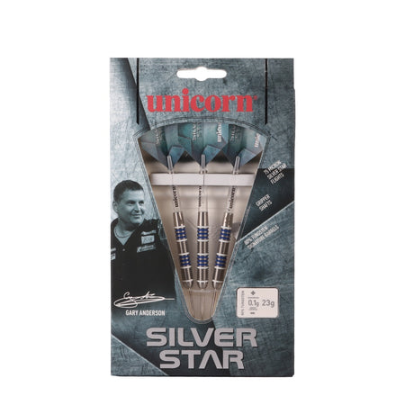 Gary Anderson Silver Star Style 4 Steel Tip Darts main product image showing the darts, packaging, flights, shafts, and included accessories