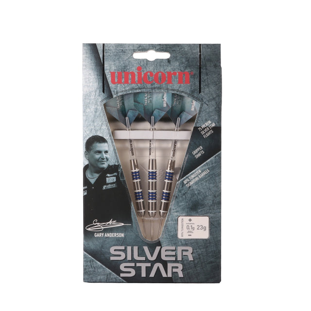 Gary Anderson Silver Star Style 4 Steel Tip Darts main product image showing the darts, packaging, flights, shafts, and included accessories