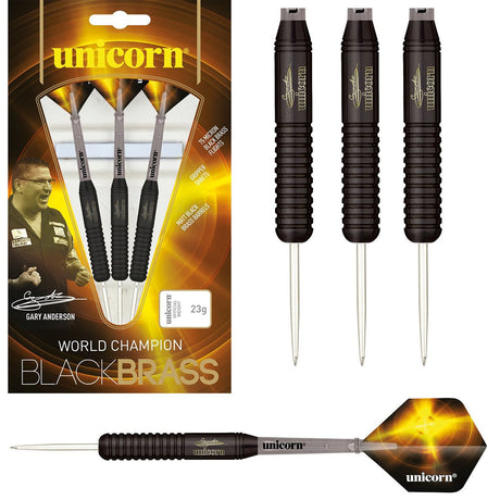 Gary Anderson Style 2 Black Brass Steel Tip Darts main product image showing the darts, packaging, flights, shafts, and included accessories