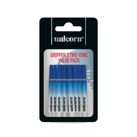 Unicorn Gripper 3 Value Pack Blue White Two Tone Ring Grip Dart Stems Shafts main product image showing the dart stems and retail packaging