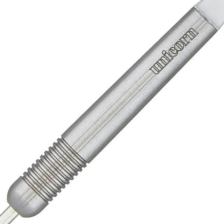 Close-up view of the Unicorn Heritage 1976 T90 dart barrel showing precise knurling and clean branding.